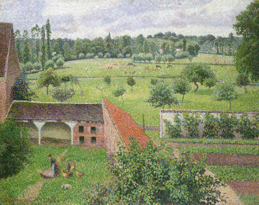 Painting by Camille Pissarro of a view from a window over a green landscape, with buildings and figures in the foreground