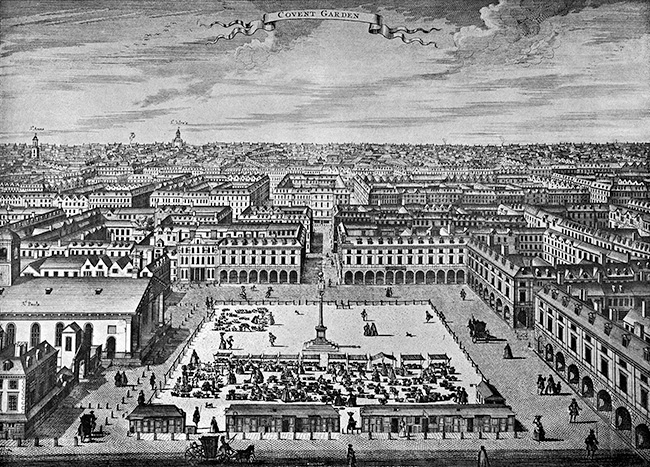 Black and white engraving of Covent Garden in c. 1720s