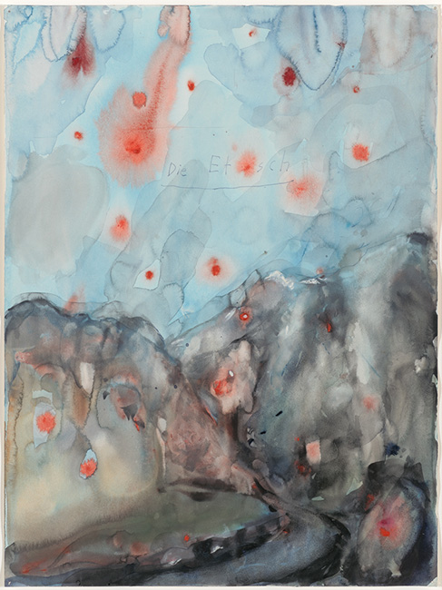 Die Etsch (The Adige), Anselm Kiefer, mid-1970s, watercolour, gouache & ink on paper, Hall Collection © Anselm Kiefer. Photo: Mark-Woods.com Ethereal painting by Anselm Kiefer of The Adige in pale blues, reds and greys