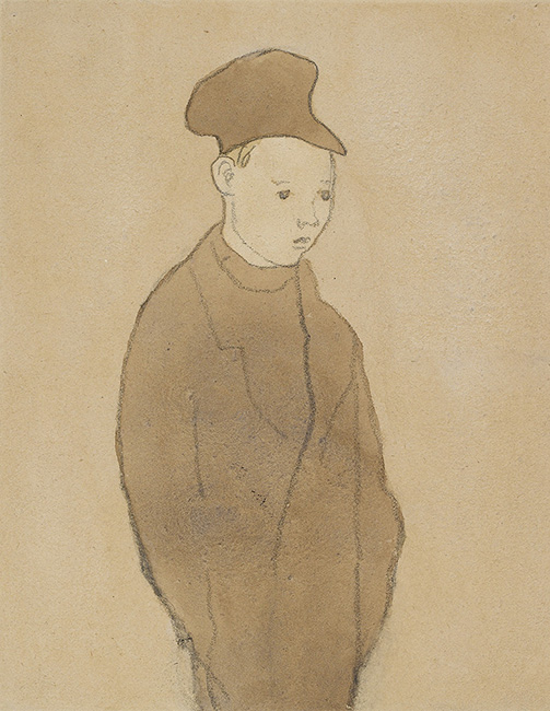 Charcoal and gouache drawing of a boy wearing a cap standing with hands in pocked with a blank expression by the artist Gwen John