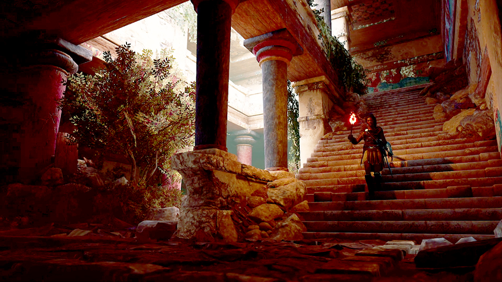 Still from the Assassin's Creed video game showing Theseus holding a torch on the steps into the depths of the Labyrinth