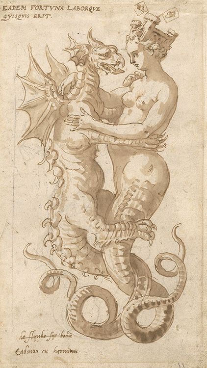 Cadmus and Hermione,Maerten de Vos, c.1594 © Museum Plantin-Moretus, Antwerp, PK.OT.00058 Ink drawing by Maerten de Vos of Cadmus and Hermione