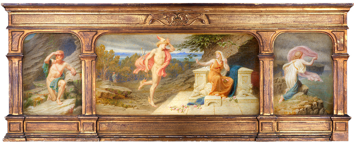 Painted triptych by Constance Phillott showing Calypso, Hermes and Odysseus