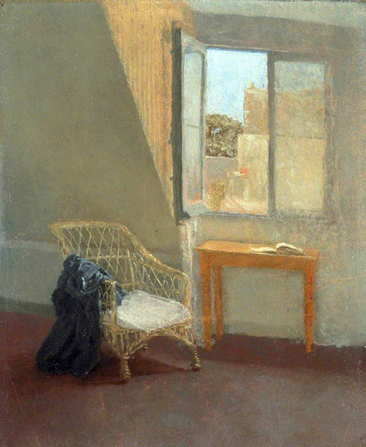Gwen John pastel painting showing  a Corner of the Artist’s Room in Paris with a little chair and table and a window view
