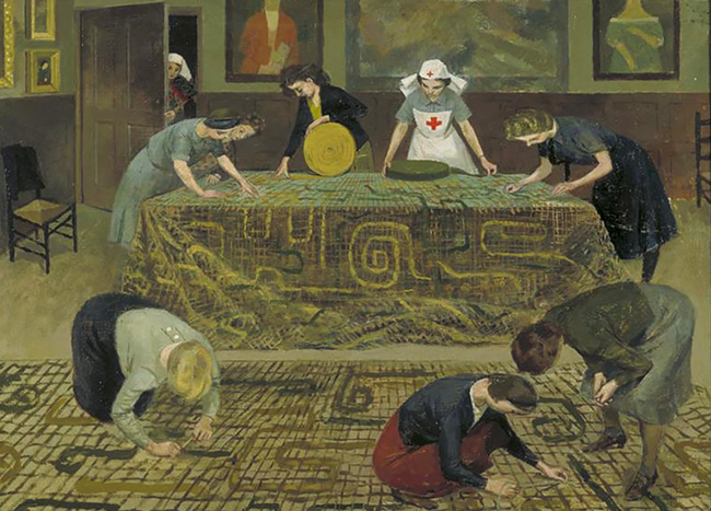 Evelyn Dunbar's colourful painting of Convalescent Nurses Making Camouflage Nets, 1941 in the Imperial War Museum collection