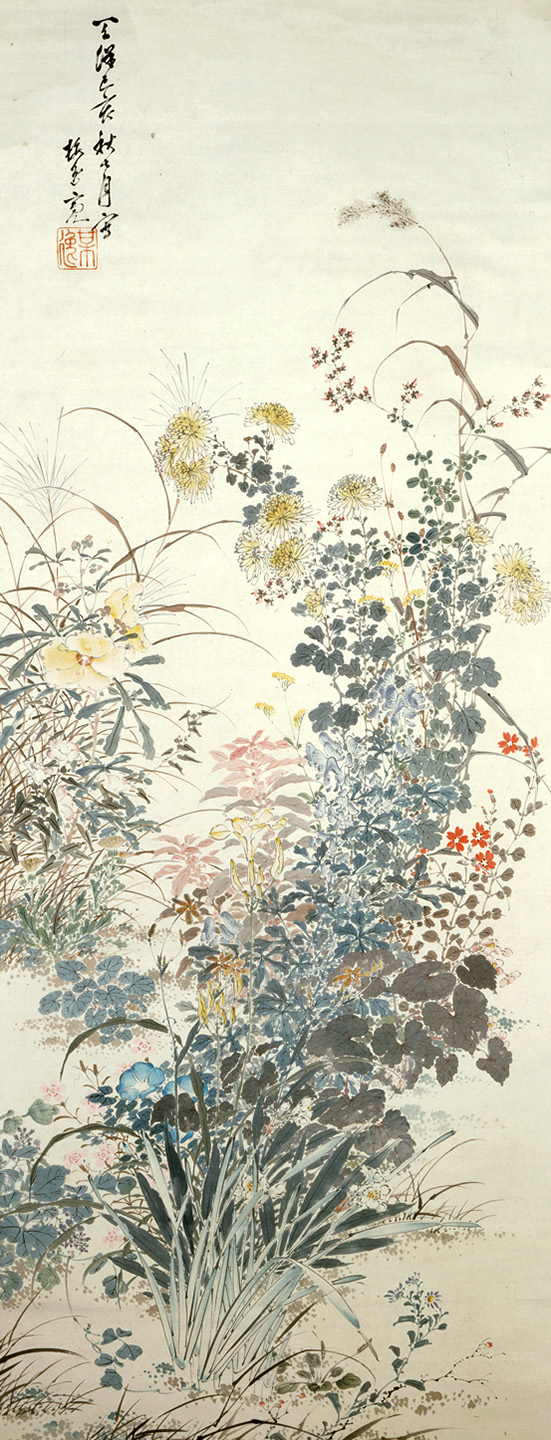 Flowers of Autumn, by Yamamoto Baiitsu EA1966.116 Tall painting by Yamamoto Baiitsu of yellow, pink, blue and red flowers and plants, reaching upwards