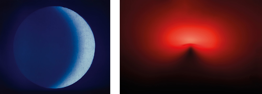Image of a midwinter full moon in blue with crescent showing on right and on the side a red and black image of Western sky silhouette