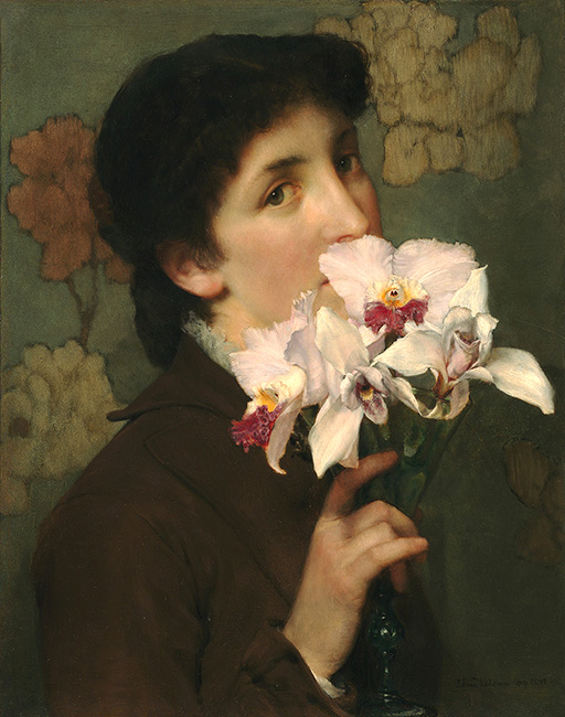 An oil painting showing a young woman holding a big bunch of orchids up to her face
