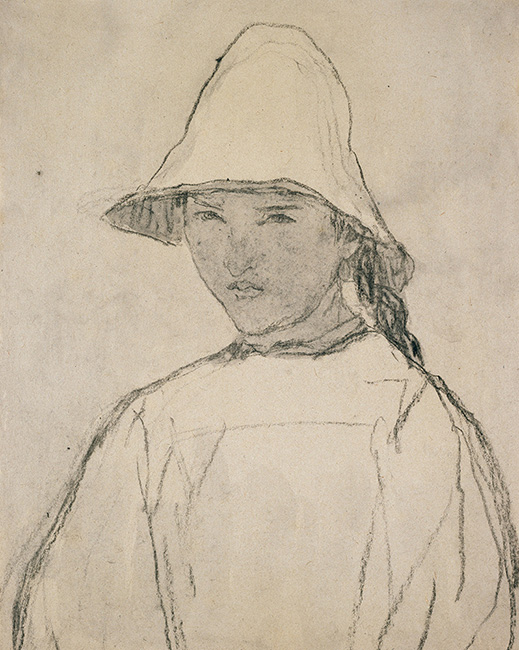 Charcoal drawing of a young girl wearing a bucket-style hat by the artist Gwen John 