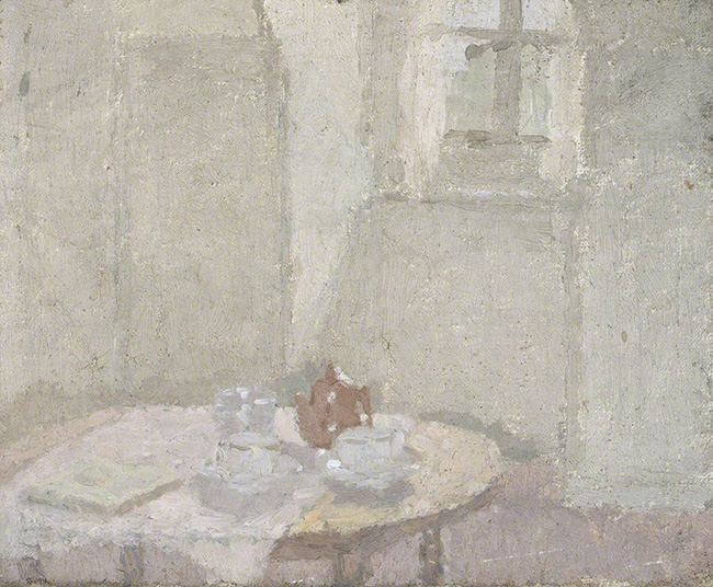 A pale chalky oil on canvas painting of a room interior with a desk and window by the artist Gwen John