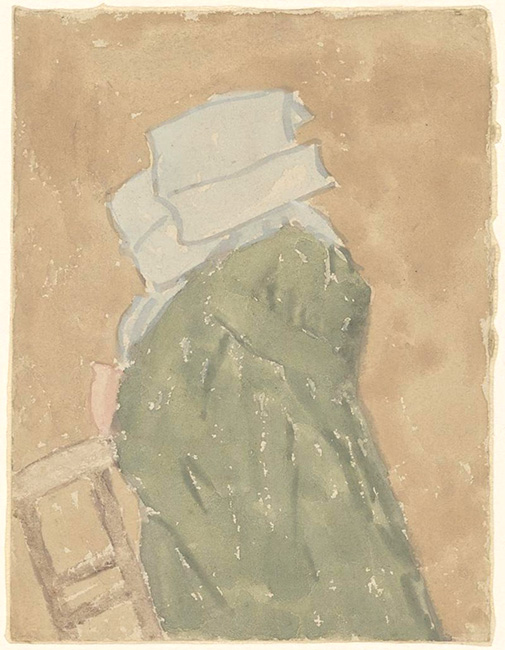 A pale chalky watercolour by Gwen John of a nun in church, in profile
