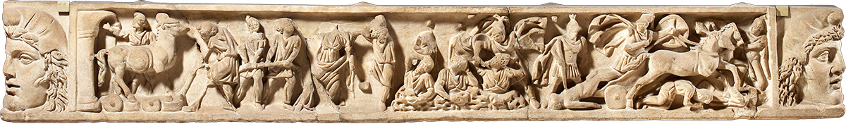 Stone sarcophagus lid with scenes from the Trojan War