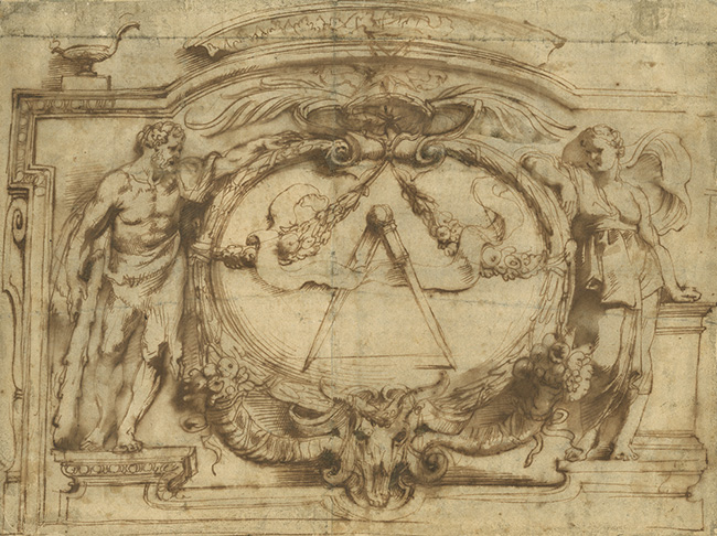 Peter Paul Rubens (1577–1640), Design for the Printer’s Mark of the Officina Plantiniana, c.1628–30. Museum Plantin-Moretus, Antwerp 15th century ink drawing by Peter Paul Rubens of a printer's mark