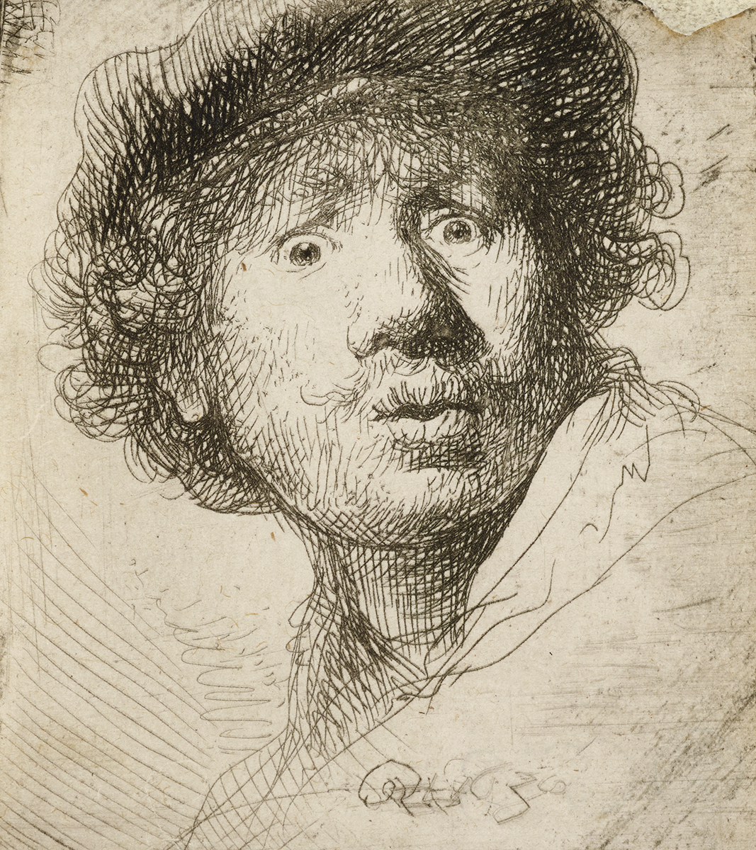 An etching of the artist Rembrandt pouting his lips with wide eyes and a furrowed brow, his expression shows surprise or fear.