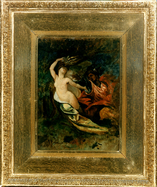 Classical style oil painting of a nude in a large gold frame by artist G. F. Watts, dated about 1836