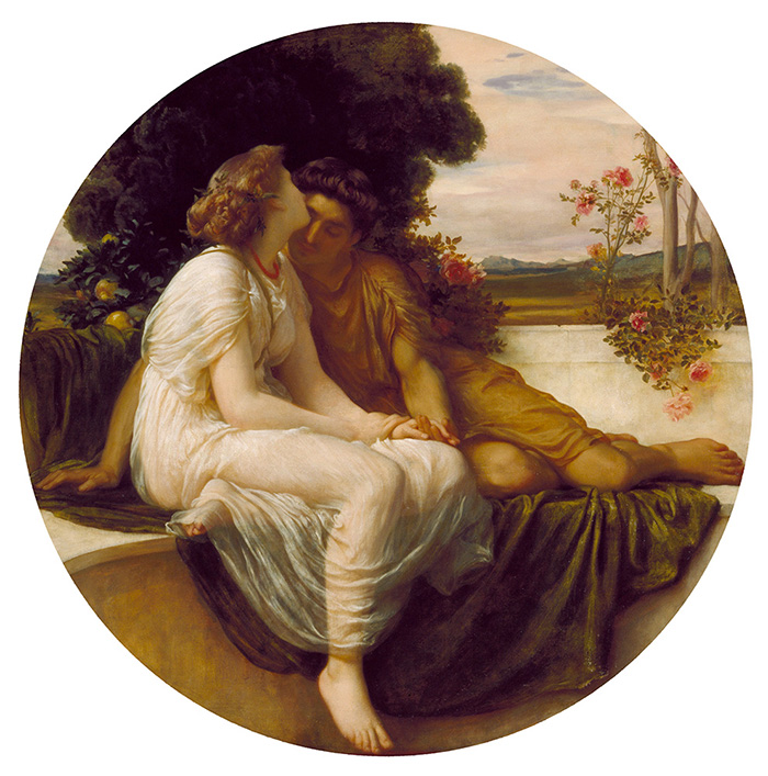 Acme and Septimius, Frederic Leighton, circular oil painting, 1858 Circular Victorian oil painting of Acme and Septimius by Frederic Leighton showing two lovers taken from a love poem by the Roman poet Catullus