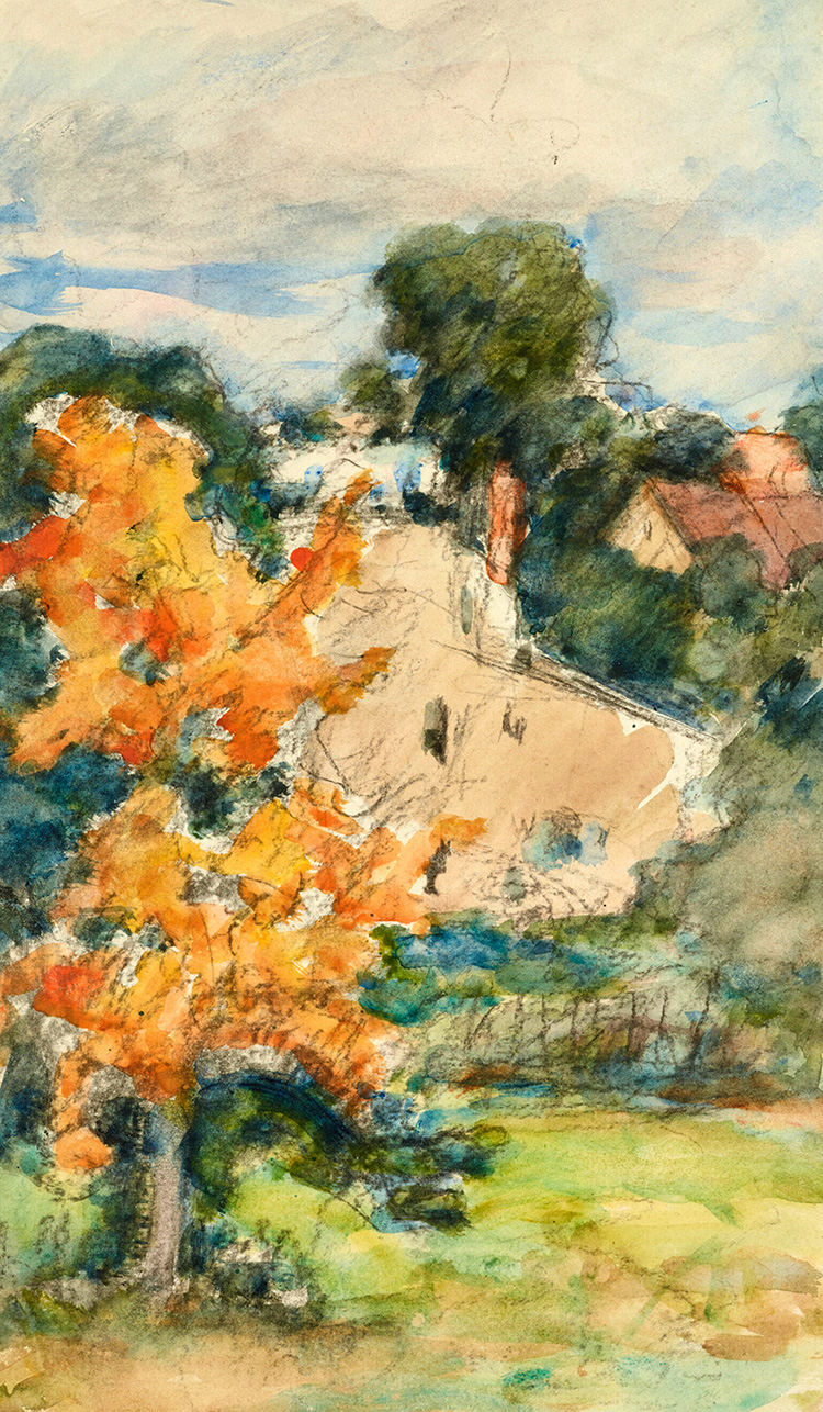 The Yellow Tree: Autumn Landscape, Leonid Osipovich Pasternak, 1918 Colourful washy painting of a tall yellow tree with a house behind by Pasternak