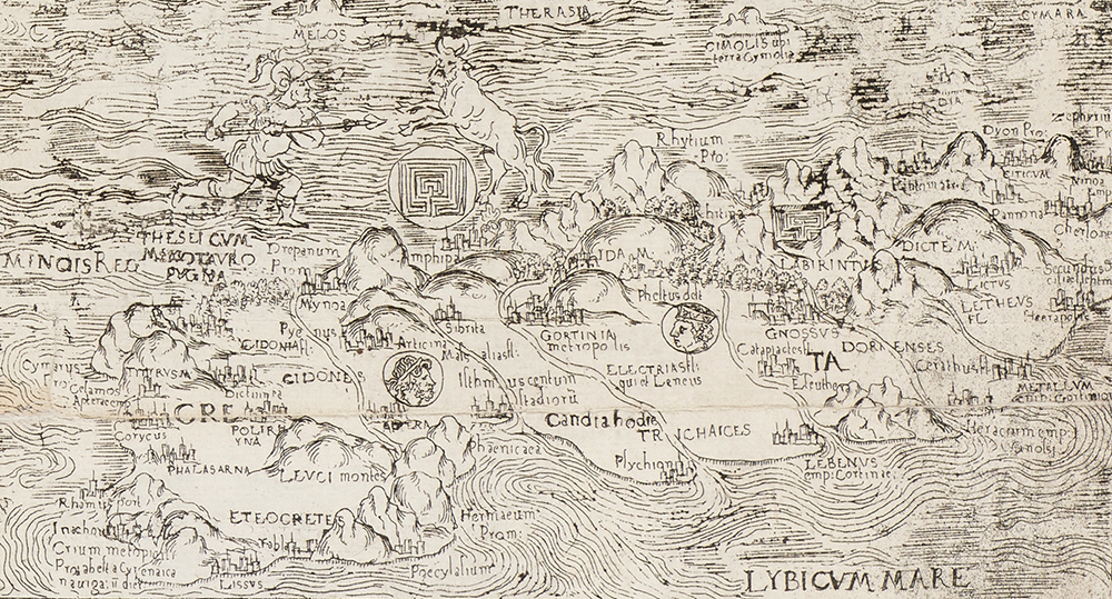 Detail of a Lazius Wolfgang  black and white map showing the Cretan maze and Minotaur, 1558
