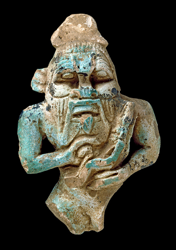Ceramic amulet of the ancient Egyptian dwarf god, Bes, nursing an infant Horus (the falcon-headed Egyptian god), dating back to -900 to -400 BCE