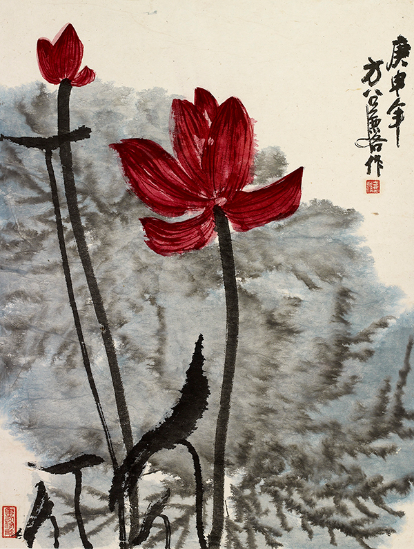 Lotus by Fang Zhaoling, 1980 A red lotus ink painting by Fang Zhaoling, 1980