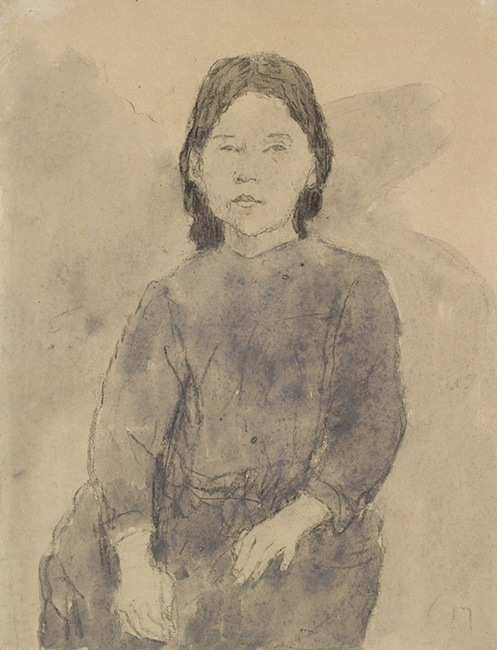 Charcoal drawing of a young girl seated and facing us, with her hands on her lap