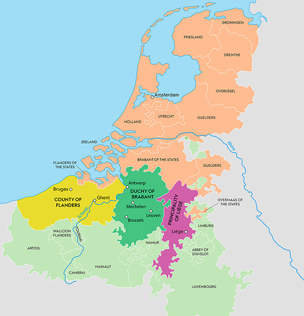 Colour map of Southern Netherlands in the 16th-17th century showing Colour map of Southern Netherlands in the 16th-17th century showing
