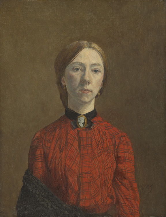 Self portrait of the artist Gwen John wearing a simple red dress with her hair tied back