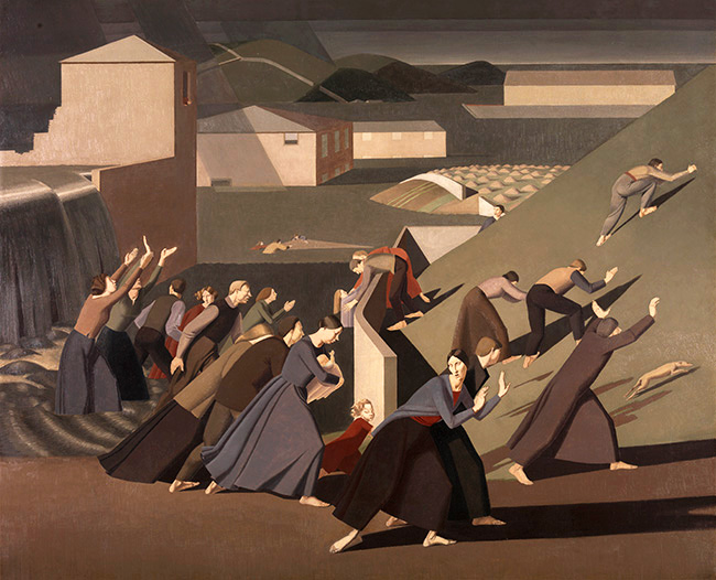 The Deluge by Winifred Knights, is an apocalyptic oil on canvas painting, showing women and children fleeing a Biblical flood scene in long dresses painted in browns, reds and greys, 1920