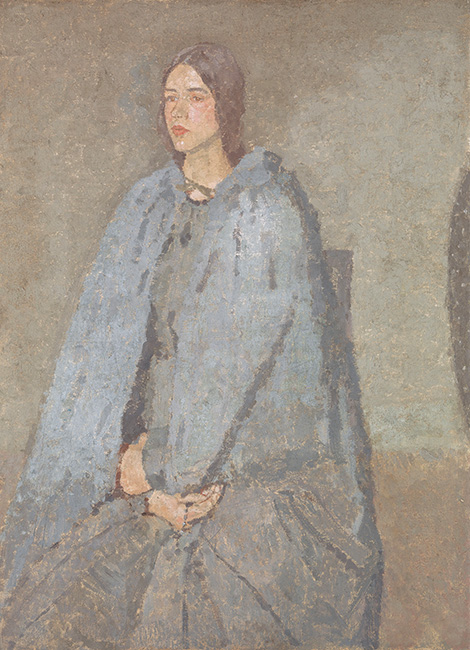 A washy coloured oil painting of a woman pilgrim wearing a blue cape by the artist Gwen Jon 