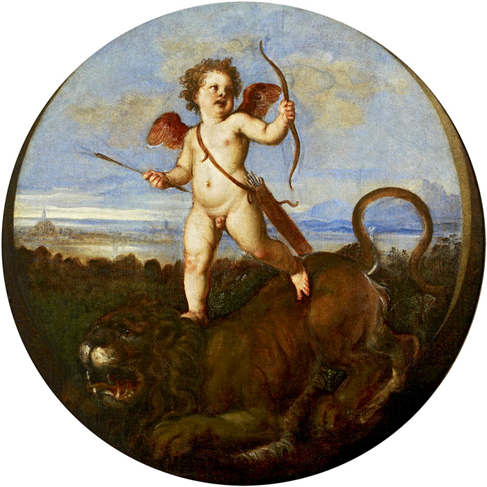 The Triumph of Love, Titian, circular oil on canvas, c 1543-46 The Triumph of Love, a circular painting made by Titian about 1543 showing Cupid, god of love, with his bow, riding an angry lion, with a blue-skied Venetian landscape in the background