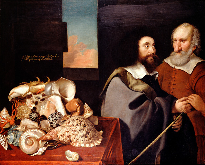 Colourful oil panting showing John Tradescant the Younger with Roger Friend and a Collection of Exotic Shells