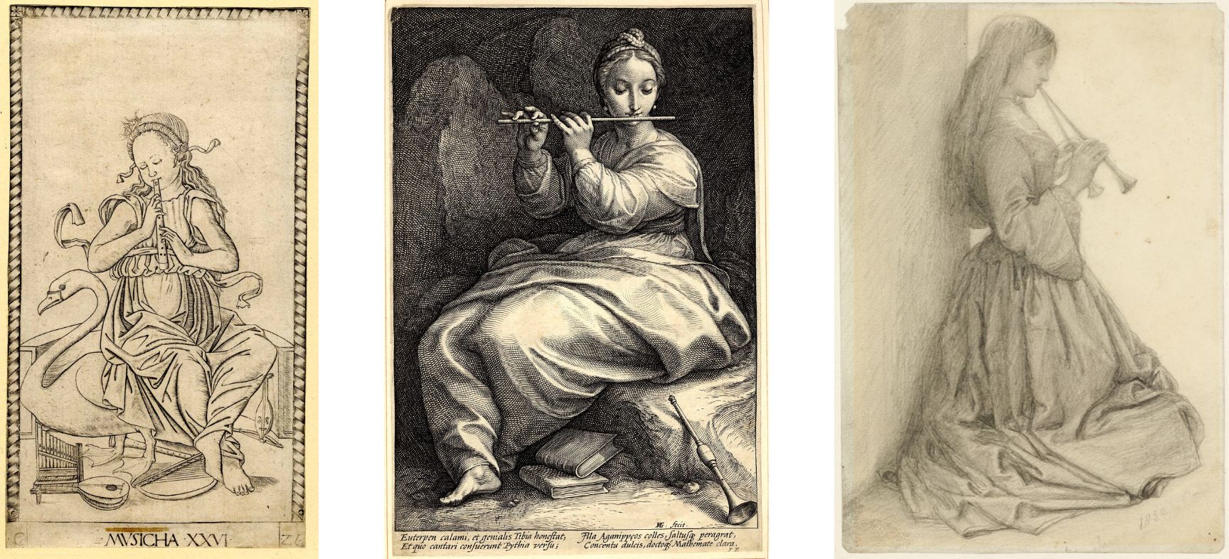 Three engravings of women playing the flute
