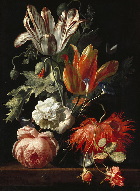A Vase of Flowers still life with vibrant red tulips and other flowers, by Dutch artist Simon Verelst