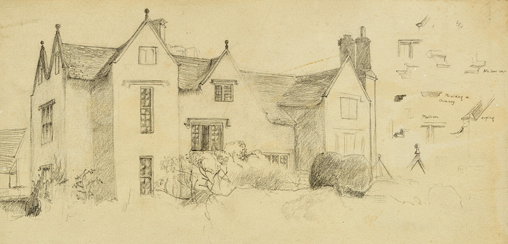 Kelmscott Manor with small architectural sketches (detail), May Morris, 1873, graphite with pale beige wash on off-white paper © Ashmolean Museum Black and white sketch of Kelmscott Manor with architectural details by May Morris who lived there