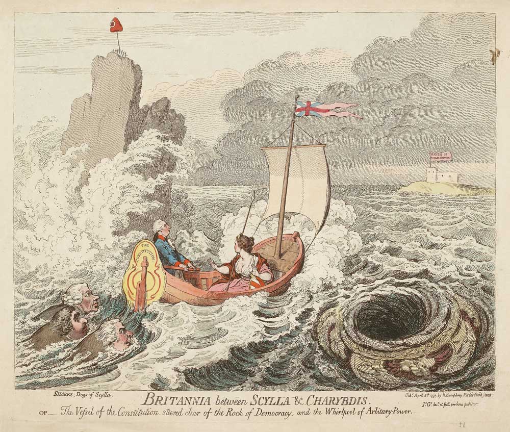 Print showing Britannia between Scylla and Charybdis by James Gillray