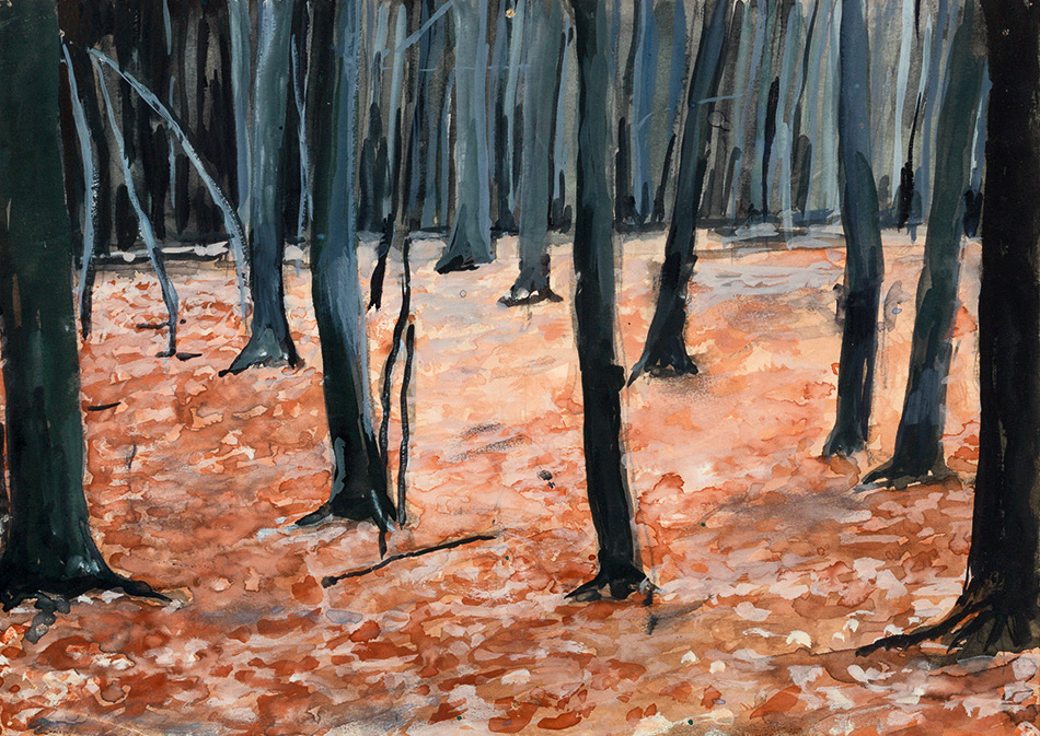 Wald (Forest), Anselm Kiefer, 1973–74, watercolour on paper, Hall Collection © Anselm Kiefer. Photo: Adam Reich Wald (Forest) by Anselm Kiefer, 1973–74, watercolour on paper, depicting expressive dark tree trunks and autumn leaves on the ground