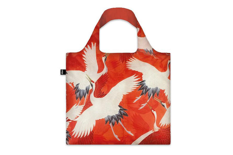 red tote bag with white-feathered birds, cranes with splayed wings