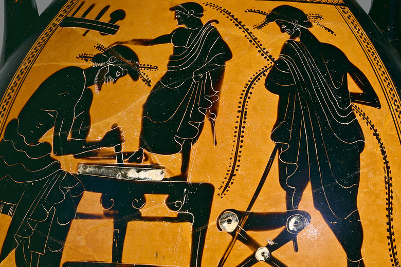 Athenian black-figure pelike showing a shoemaker at work, Greece, 6th-5th century BC