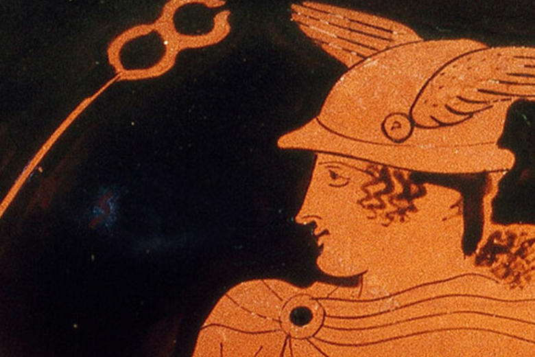 Detail of Hermes on an attic red-figure pottery krater depicting a mythological scene