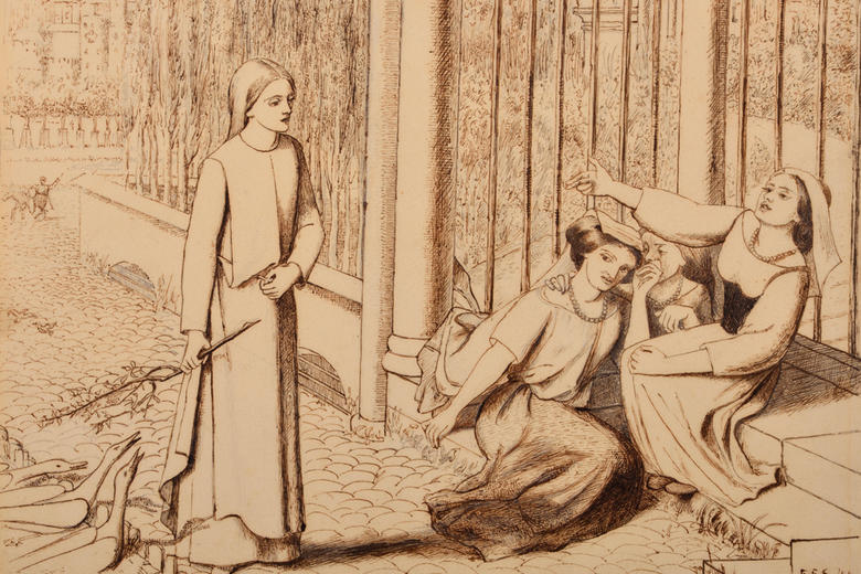 Line drawing of a woman passing two other women sat on steps