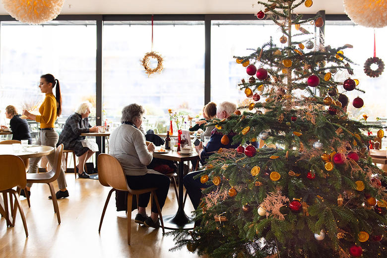 Rooftop Restaurant at Christmas with tree and decorations