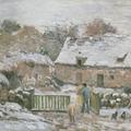 Painting by Camille Pissarro of a man opening a gate to a farmhouse in the snow