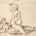 Drawing of two nude women, one kneeling the other and holding up a whip-like tool intended for flogging