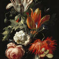 A Vase of Flowers still life with vibrant red tulips and other flowers, by Dutch artist Simon Verelst