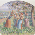 Detail of a painting by Camille Pissarro of women staking peas under a tree