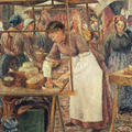 Impressionist painting by Camille Pissarro of a woman cutting meat on a wooden bench in a market
