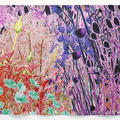 Vibrant coloured tapestry showing spring flowers in pinks, purples, yellows and reds with green by artist Alexandra Daisy Ginsberg, 2025