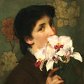 A young woman holds a beautiful bunch of pale pink orchids up to her nose in this painting by the artist Sir Lawrence Alma Tadema, 1879