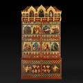 A grand Victorian bookcase with colourfully decorated panels
