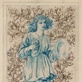 Pen drawing of a robed figure holding cymbals, with foliage drawn behind